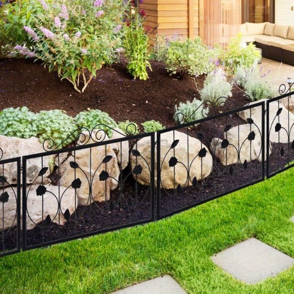 4 Pack Decorative Garden Fence, 23.6" Rustproof Metal Wire Panels, Garden Edging Border with Ground Stakes, Animal Barrier Fence for Rabbit, Flower Bed, Patio, Yard, Black, Flower Style