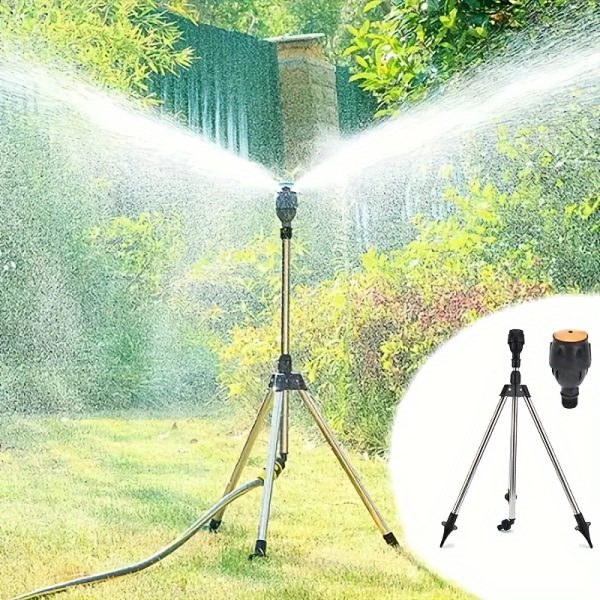 1 pack, 360?? Rotating Stainless Steel Sprinkler Head with Adjustable Tripod Stand, 1 Pack for Large Lawns and Gardens