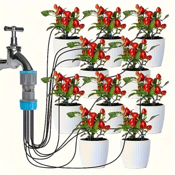 10-Emitter Easy-Install Drip Irrigation System Kit - Waterproof Self-Watering Solution For Potted Plants, Small Gardens & Raised Beds With 3/4 Adapter And Adjustable Emitters For Efficient Watering