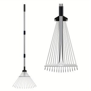 Adjustable Metal Leaf Rake Long Handle, Garden Rakes for Lawns Heavy Duty Leaves with Expandable Head, Yard Women Kids Rake for Gardening RV Camping